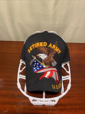 Retired Army Baseball Cap Black U.S. Military Bald Eagle Flag  Embroidered  O/S